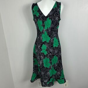 Vintage Y2K Canada Green Black Floral Dress V-Neck Size Small or 6 Flare Midi